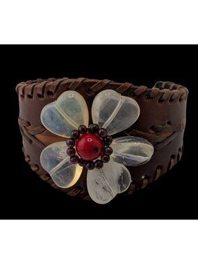 Handcrafted Leather Cuff Bracelet With Gemstone Flower Design